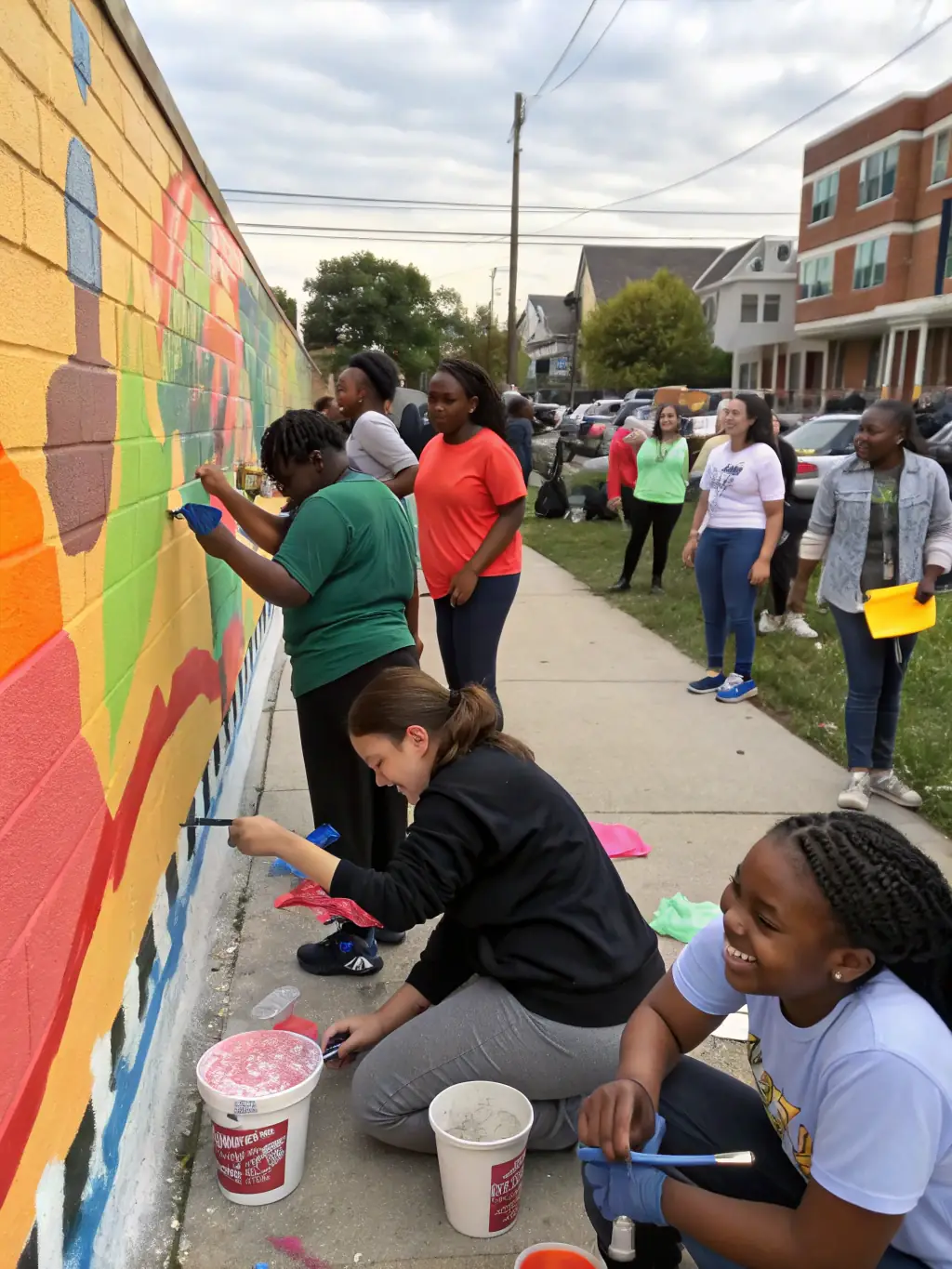A photograph of a community arts project, featuring a mural being painted on a public wall with the involvement of local residents and artists.