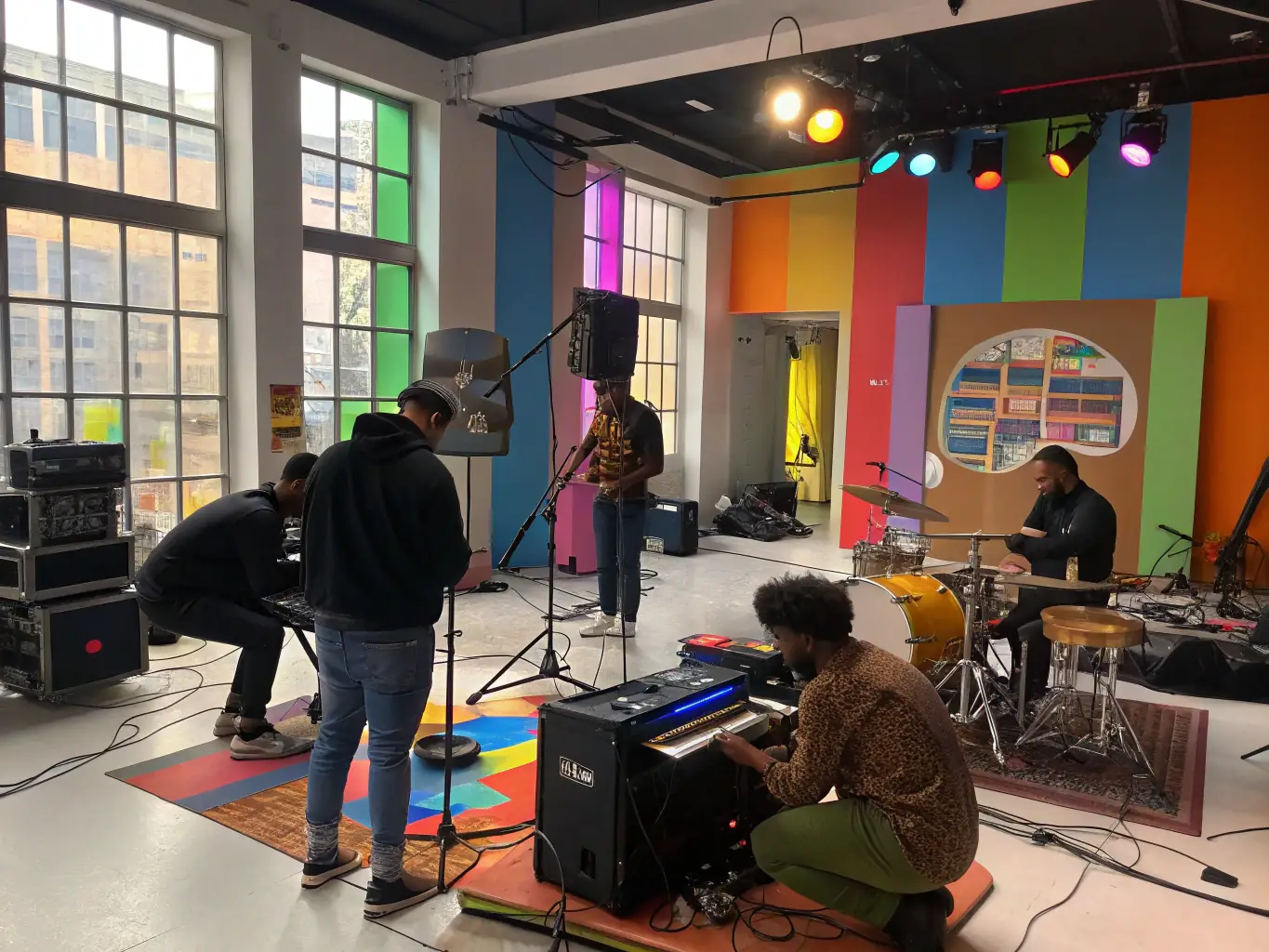 A photograph capturing a dynamic music workshop session, with participants actively engaged in learning and experimenting with sound under the guidance of an experienced musician. The setting is a bright, open studio filled with various instruments and creative tools.