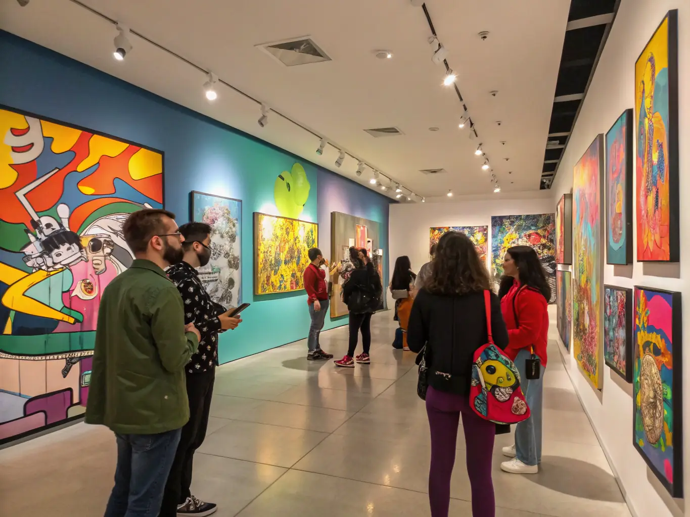 A visually striking image of a contemporary art exhibition, showcasing a diverse range of artistic mediums and styles. Attendees are seen admiring the artwork, engaging in conversations, and immersing themselves in the creative atmosphere.
