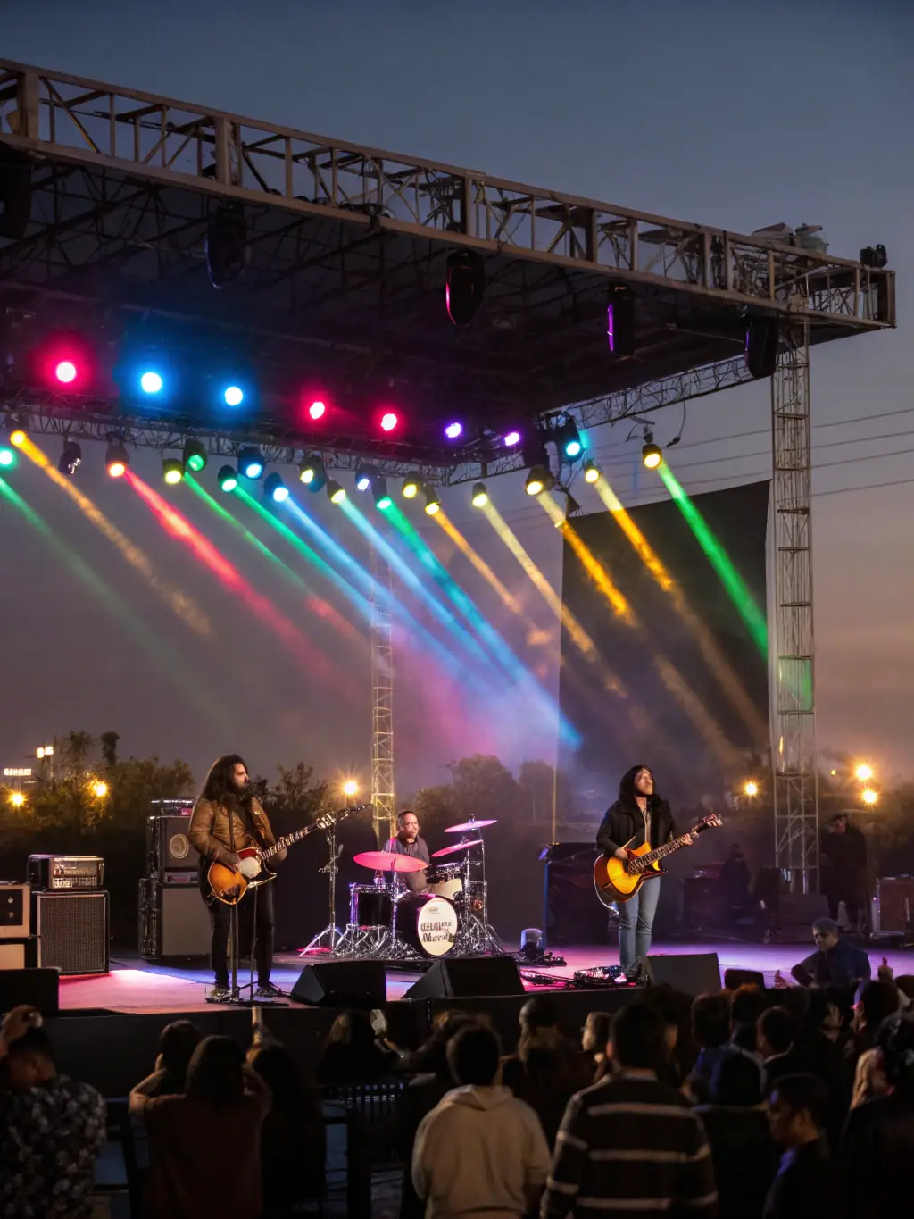 A vibrant photograph capturing a live musical performance organized by LE POIDS DES NUAGES, showcasing musicians on stage with colorful lighting and an engaged audience.